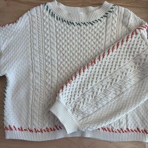 Cream Cable Knit Sweater with Orange and Green Accents 100% Cotton Cottagecore